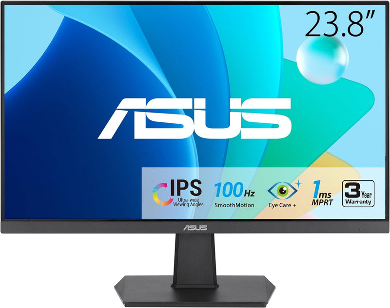 ASUS 24” (23.8-inch viewable) 1080P Eye Care Monitor (VA24EHF) - IPS, Full HD, Frameless, 100Hz, 1ms, Adaptive-Sync, for Working and Gaming, Low Blue Light, HDMI, VESA Mountable