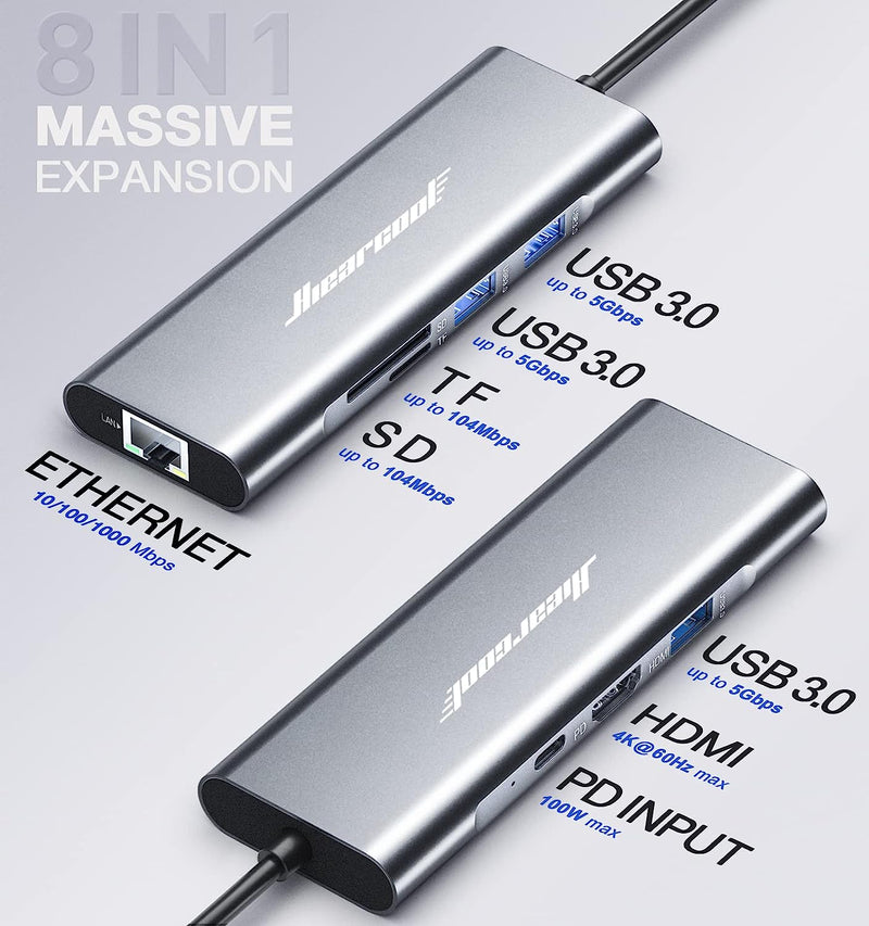 Hiearcool USB C Hub Ethernet,4K@60 USB C HDMI Adapter,8 IN1 Multi-Port Type C Adapter 100W PD USB C Dock Dongle Docking Station Compatible for MacBook Pro Air Apple iPad Pro Steam Deck Dell Hp Lenovo