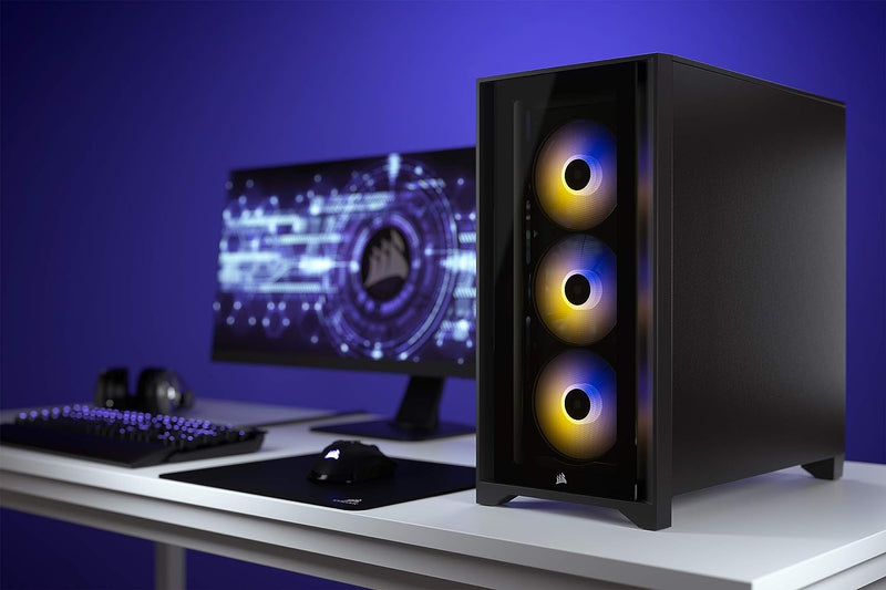 CORSAIR iCUE 4000X RGB empered Glass Mid-Tower ATX PC Case - 3X SP120 RGB Elite Fans - iCUE Lighting Node CORE Controller - High Airflow - Black