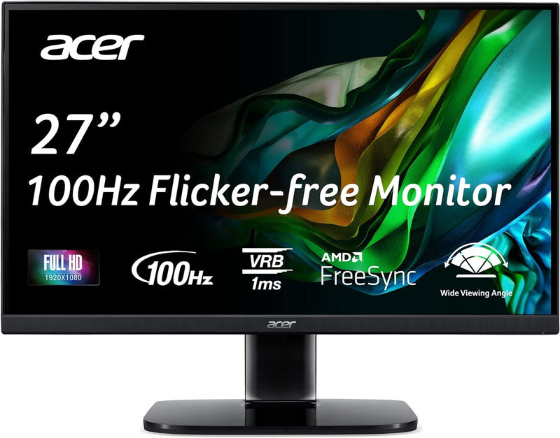 Acer KB272 Hbi 27" Full HD (1920 x 1080) Zero-Frame Gaming Office Monitor | AMD FreeSync Technology | 100Hz | 1ms (VRB) | Low Blue Light | Tilt | HDMI & VGA Ports