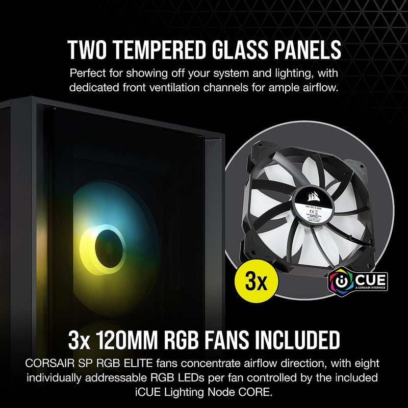 CORSAIR iCUE 4000X RGB empered Glass Mid-Tower ATX PC Case - 3X SP120 RGB Elite Fans - iCUE Lighting Node CORE Controller - High Airflow - Black