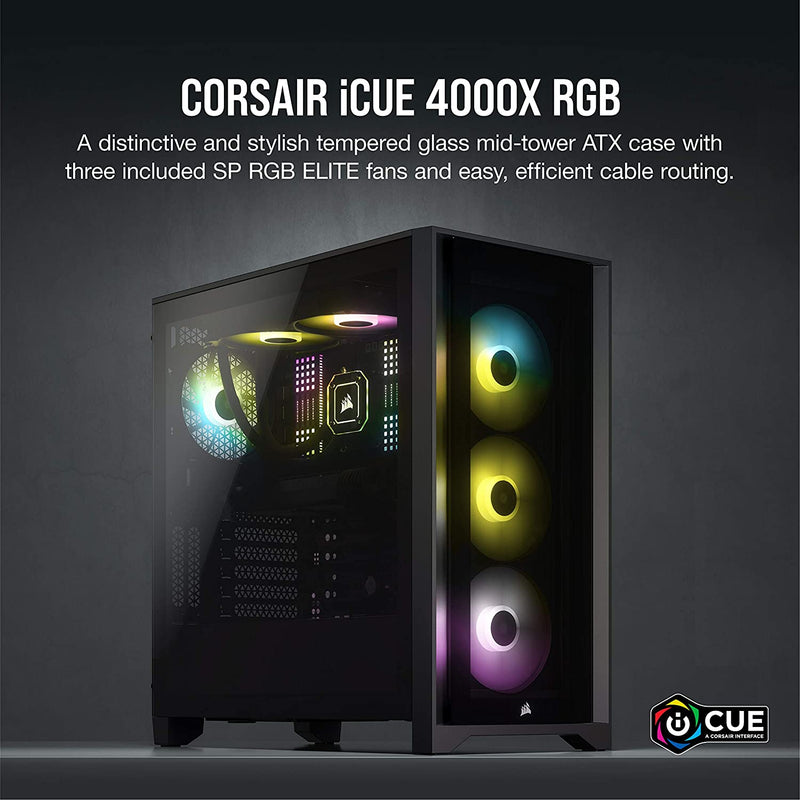 CORSAIR iCUE 4000X RGB empered Glass Mid-Tower ATX PC Case - 3X SP120 RGB Elite Fans - iCUE Lighting Node CORE Controller - High Airflow - Black